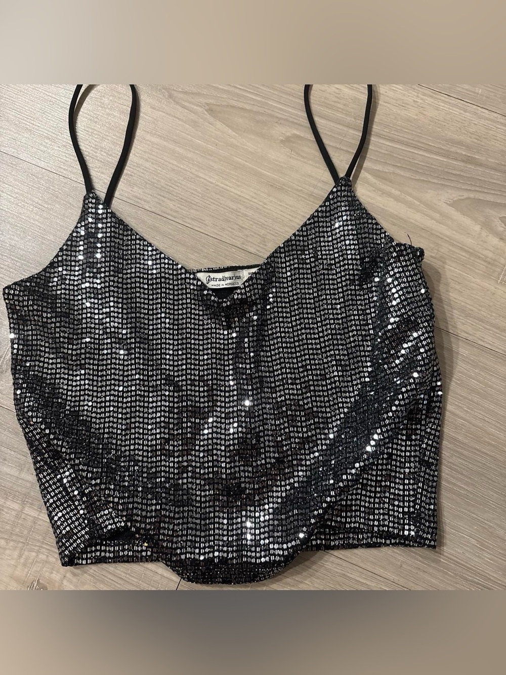 stradivarius Black Sequin Spaghetti-Strap Crop Cami